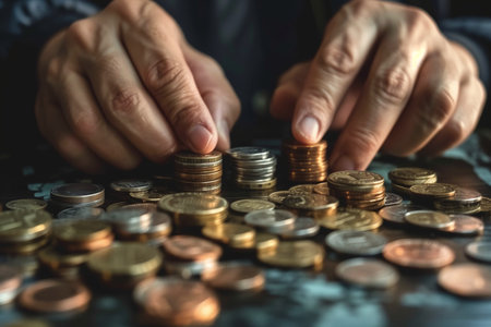 Close up of man hand putting coins in the money, business and finance concept.の素材