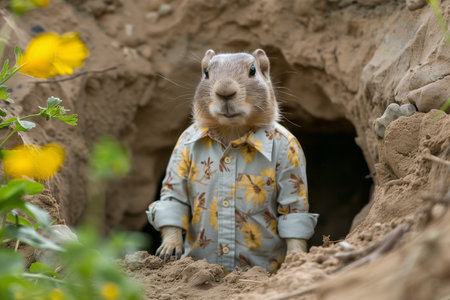 A prairie dog sits in front of a man in a shirtの素材