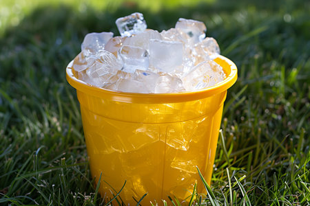 Ice cubes in a yellow bucket on the grass. Selective focus.の素材