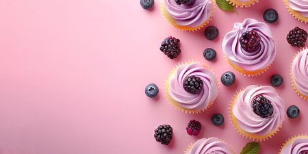 Delicious cupcakes with berries on pink background, top view. Space for textの素材