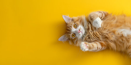 Cute ginger cat lying on yellow background, top view with copy spaceの素材
