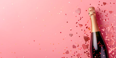 Valentines day background with champagne bottle, hearts and confetti.の素材