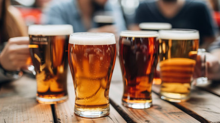 Group of people drinking beer in pub. Focus on glasses of beer.の素材