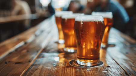 Beer glasses in a pub or restaurant. Selective focus on beer glasses.の素材