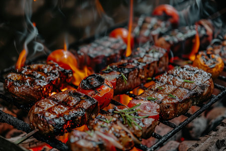 Close-up of grilled meat on the grill with flames and smokeの素材