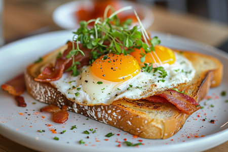 Fried egg on toast with bacon, tomato and microgreensの素材