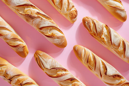 French baguette on pink background. Top view. Flat lay.の素材