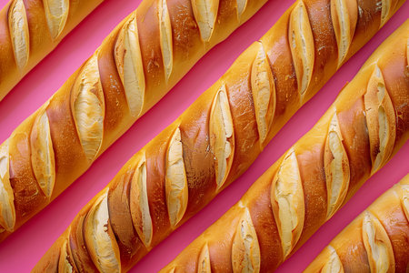 Pattern of tasty baguettes on pink background. Top view.の素材