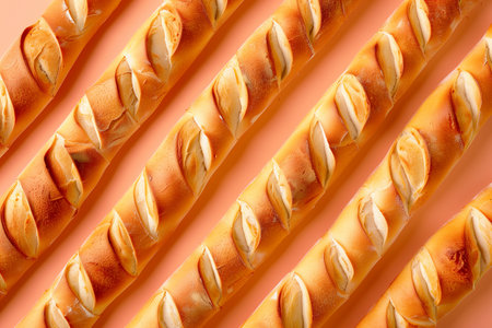 Pattern of bread sticks on orange background, top view. Flat layの素材