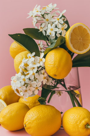 Lemons and flowers in a vase on a pink backgroundの素材