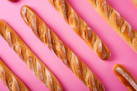 French baguette on pink background, top view. Pattern of French baguettesの素材