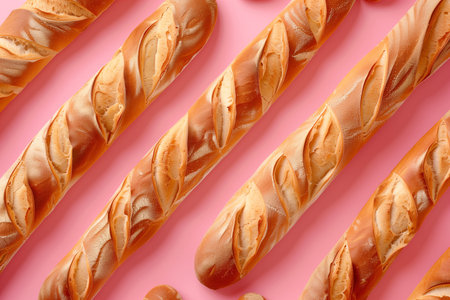 Tasty French baguettes on pink background, top view. Food patternの素材