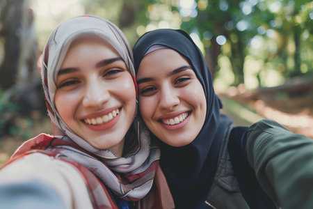 friendship, travel, vacation and people concept - close up of smiling muslim women taking selfie with smartphone in parkの素材