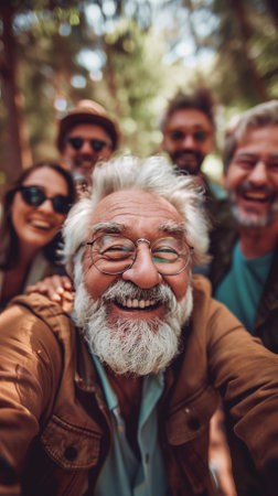 Portrait of a smiling senior man with friends in the background.の素材