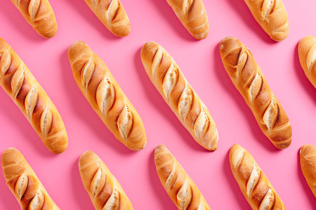 Composition with tasty baguettes on color background, top viewの素材