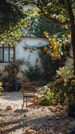 Beautiful cozy garden with wooden chair and flower bed in sunlight.の素材
