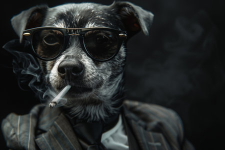 Portrait of a dog in a suit and glasses smoking a cigaretteの素材