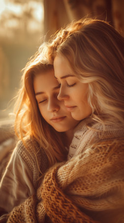 Two beautiful young women in warm sweaters hugging and looking at each otherの素材
