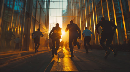 Group of business people running in the city at sunset, healthy lifestyle conceptの素材