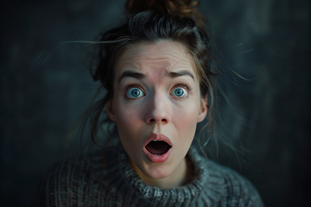 Surprised young woman in a sweater on a dark background.の素材