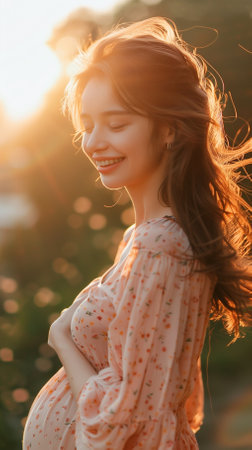 Portrait of a beautiful young woman with long hair on the background of the sunsetの素材