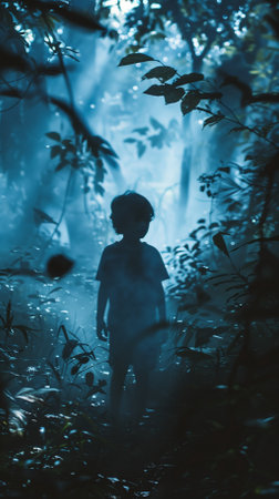 Little boy in the forest at night. Halloween concept. Selective focus.の素材