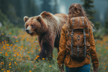 Rear view of a girl with a backpack and a big brown bear in the mountainsの素材
