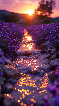 Sunset over lavender field in Provence, France.の素材