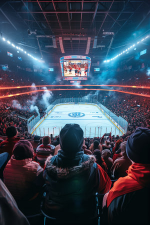Crowd of people watching hockey match on the background of the arenaの素材