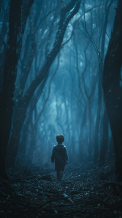 Little boy walking in the dark forest at night. Halloween concept.の素材