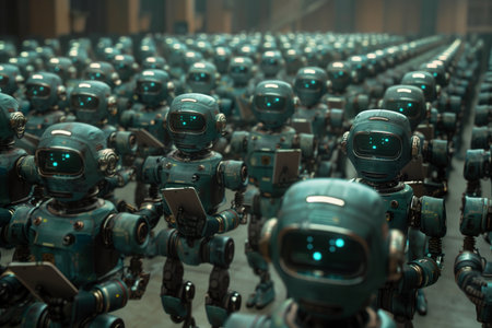 Group of robots in the hallway of a spaceship. Selective focus.の素材