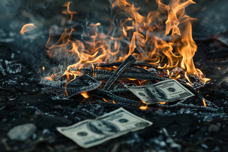 Burning dollar banknotes on a dark background. Close-up.の素材