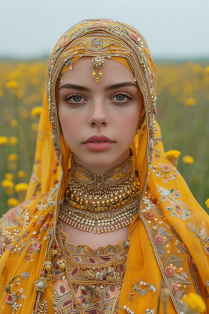 Portrait of a beautiful young woman in the field with yellow flowersの素材
