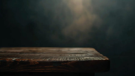 Empty wooden table for product display montages with smoke on background.の素材