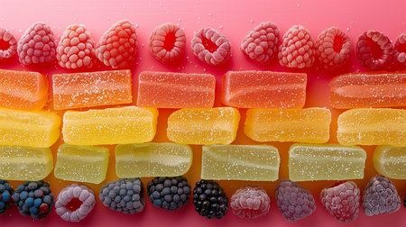 Assorted gummy candies on pink background. Top view.の素材