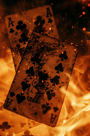 Playing cards on fire background, close up. Selective focus.の素材