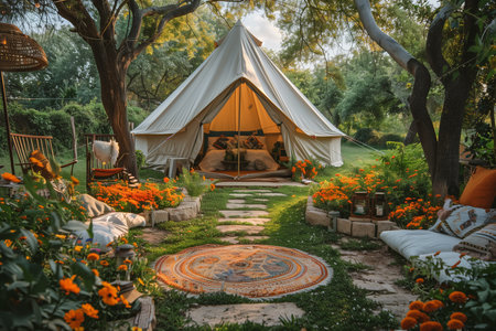 Camping tent in the garden with beautiful flowers in the foreground.の素材