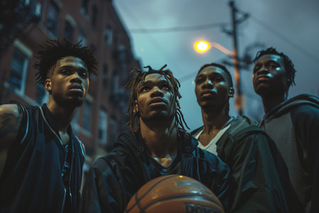 Group of young african american people with basketball ball at nightの素材