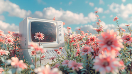 Retro computer with pink flowers on blue sky background. Vintage tonedの素材