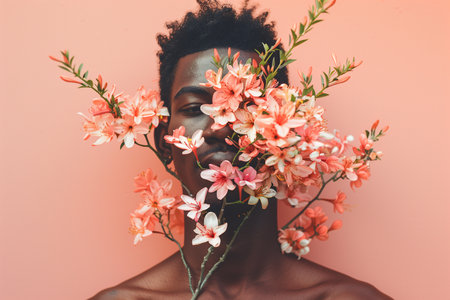 Portrait of a young african american woman with flowers on her face.の素材