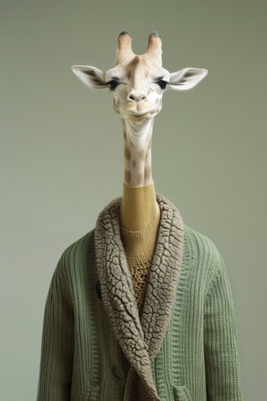 Giraffe head in warm sweater on grey background. Studio shot.の素材
