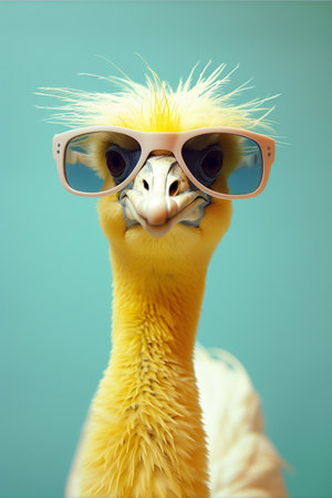 Fashion portrait of a duck in sunglasses on a blue background.の素材