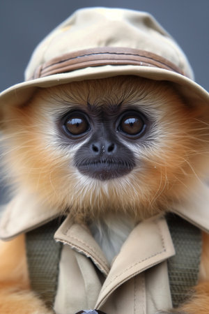 Portrait of a red langur in a safari hat.の素材