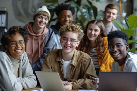 Group of young multiethnic students using laptop together. Multiracial group of students looking at camera and smiling while sitting at table in classroom. Education conceptの素材