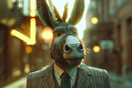 A portrait of a man wearing a donkey head mask in the city.の素材