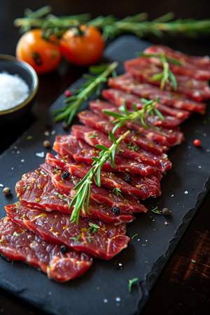 Raw beef slices with rosemary and spices on a black stone boardの素材