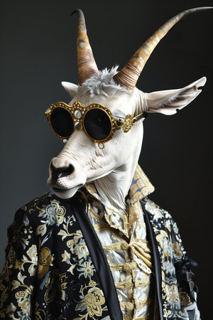 Portrait of a white goat with gold glasses on a black backgroundの素材