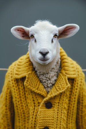Sheep in a yellow woolen sweater on a gray background.の素材