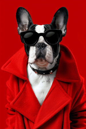 Portrait of a French bulldog wearing a red coat and sunglasses on a red backgroundの素材