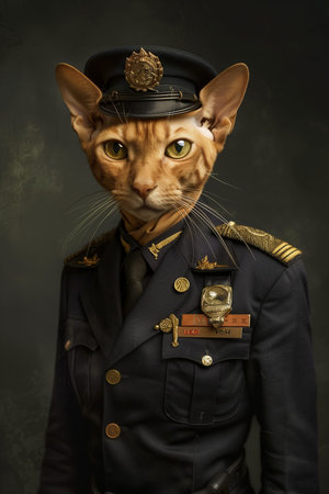 Portrait of a cat in a military uniform on a dark backgroundの素材
